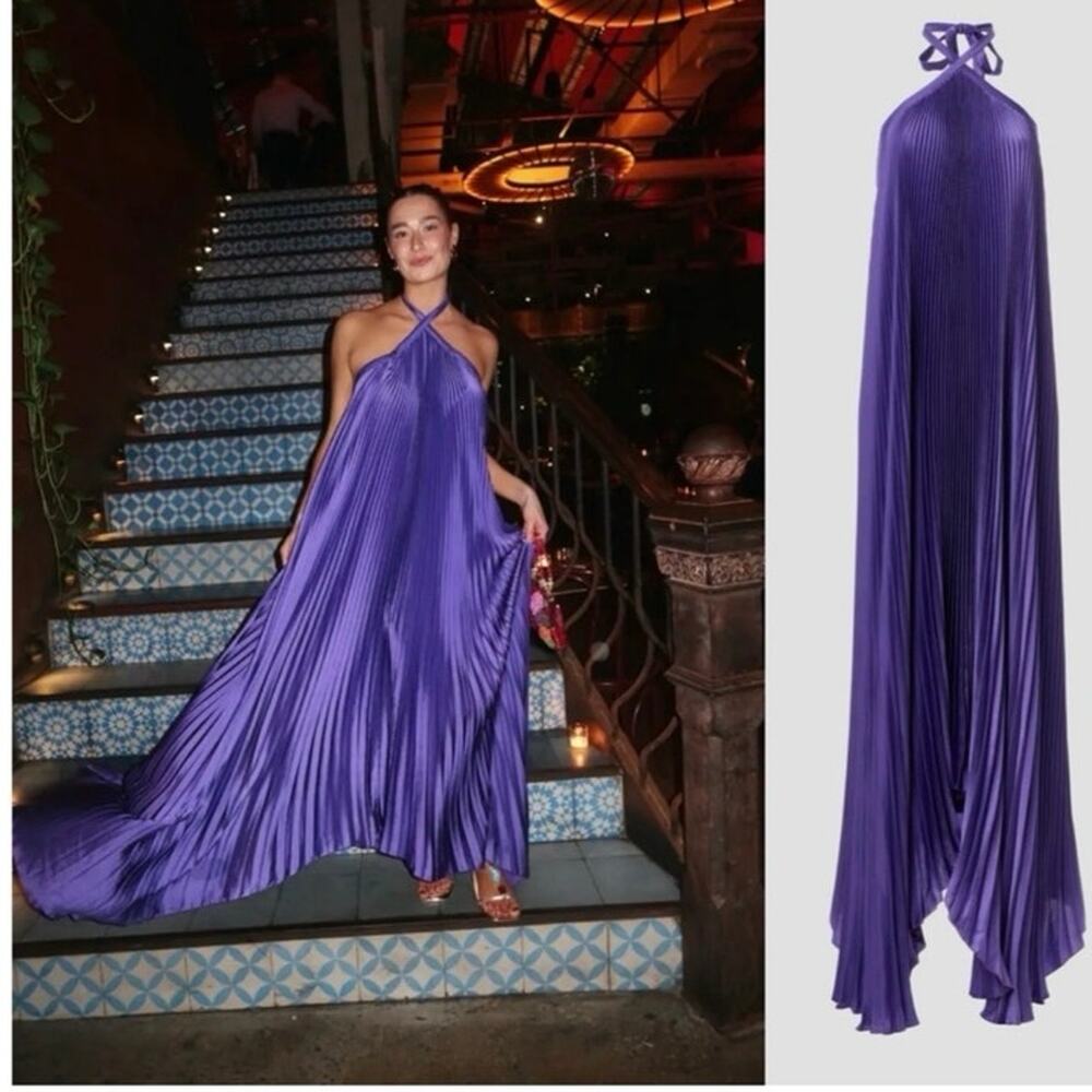 L'IDEE Deesse Purple Pleated Halter Neck Open Back Flowy Gown Size US 10